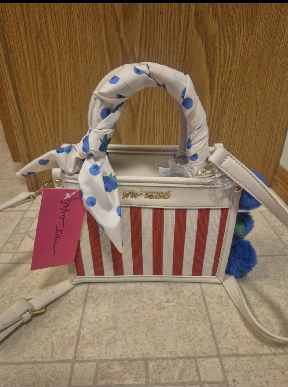 Betsey Johnson XO Lucy Red/White/Blueberry Charm Crossbody Top Handle Bag - Picture 7 of 8